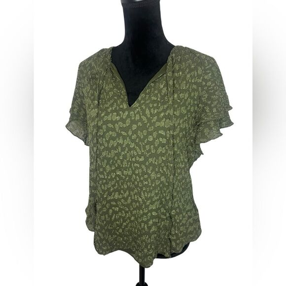 LAUREN RALPH LAUREN GREEN SHIMMER ANIMAL PRINT TIE-NECK BLOUSE WOMENS SIZE XL - Picture 4 of 7